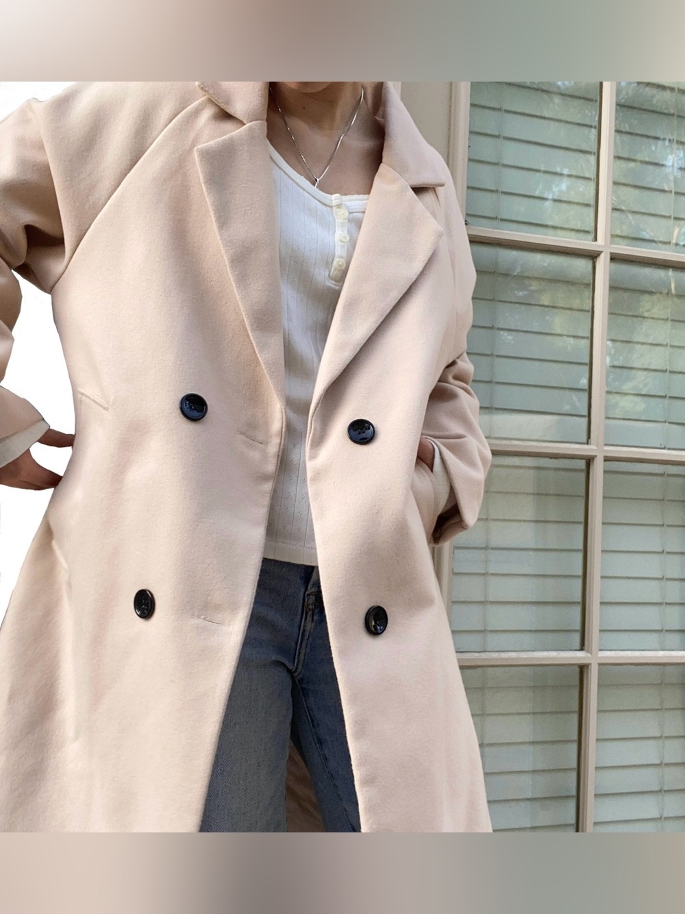 Womens Double-Breasted Long Coat in Light Pink-Beige